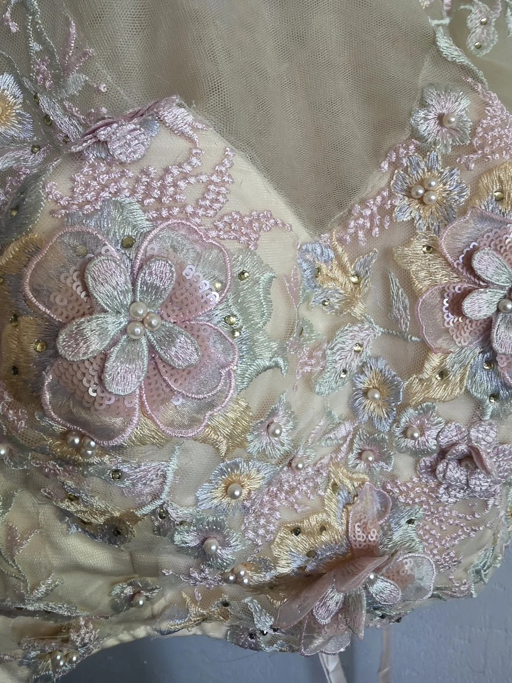 Fairycore 3D Flower Applique Top | Pastel Beaded Bridal Bustier Blouse | Sheer